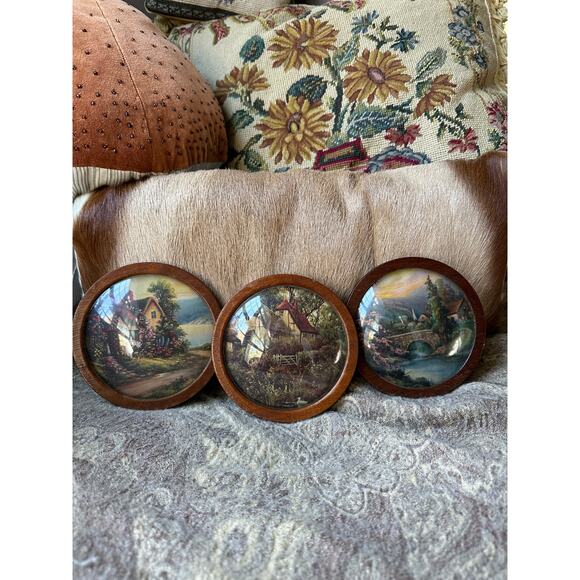 Vintage Bubble Glass Pictures English Cottage landscape set of 3 wood, wall art - Picture 4 of 13